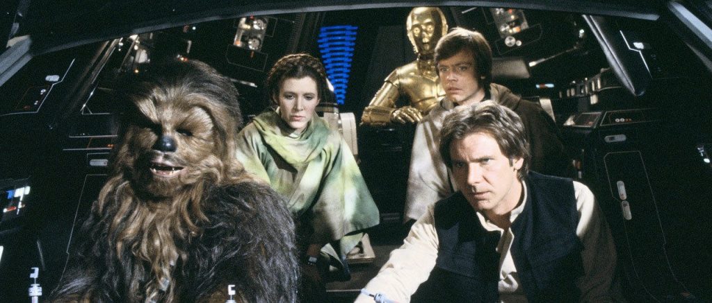 Luke, Leia, Han, Chewie, and C3P0 