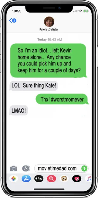 Kate McCallister messaging a friend with modern phone