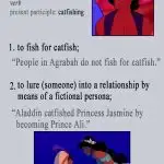 Aladdin (1992) - Catfishing definition: 1. to fish for Catfish - People of Agrabah do not fish for catfish; 2. to lure someone into a relationship by means of a fictional persona - Aladdin catfished Princess Jasmine by becoming Prince Ali