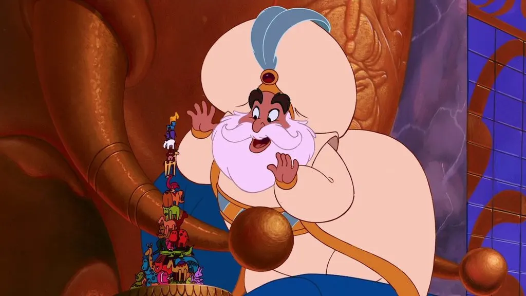 Aladdin (1992) Sultan playing with toys like a man-child