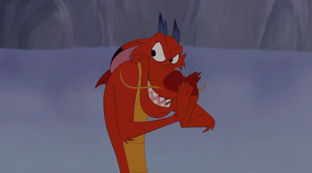 Mushu plotting to split up Mulan and Shang in Mulan II