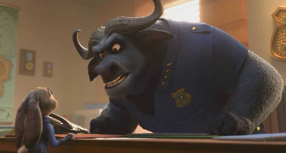 Chief Bogo reprimanding Judy Hopps in Zootopia 