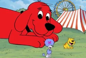 Clifford the big red dog at the carnival with friends